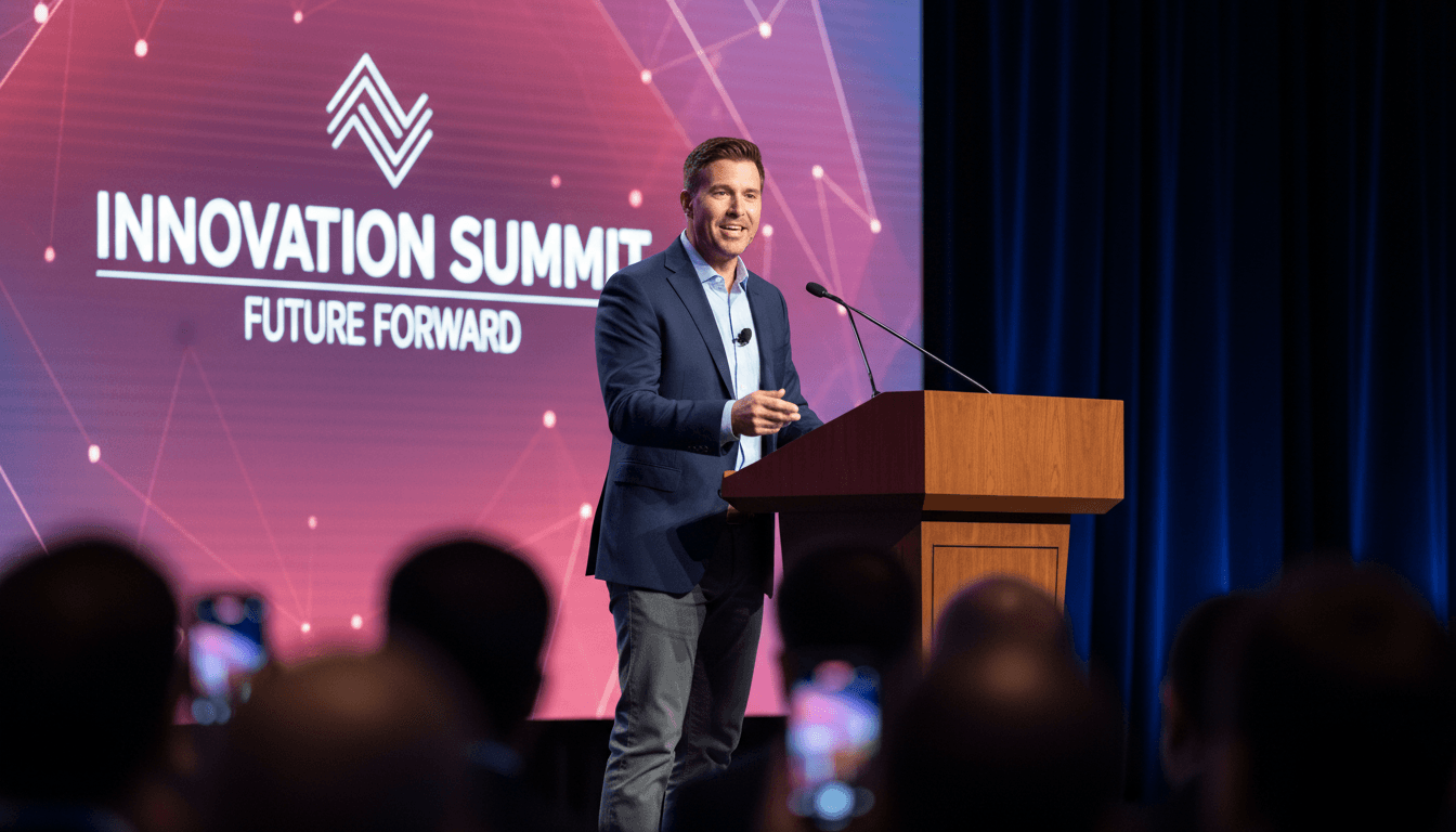 Speaker at an industry event podium