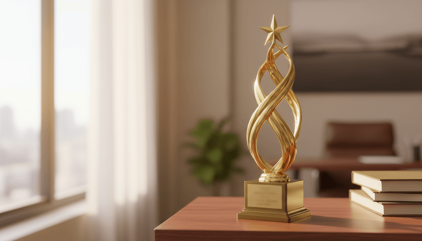 Golden award trophy on a wooden shelf