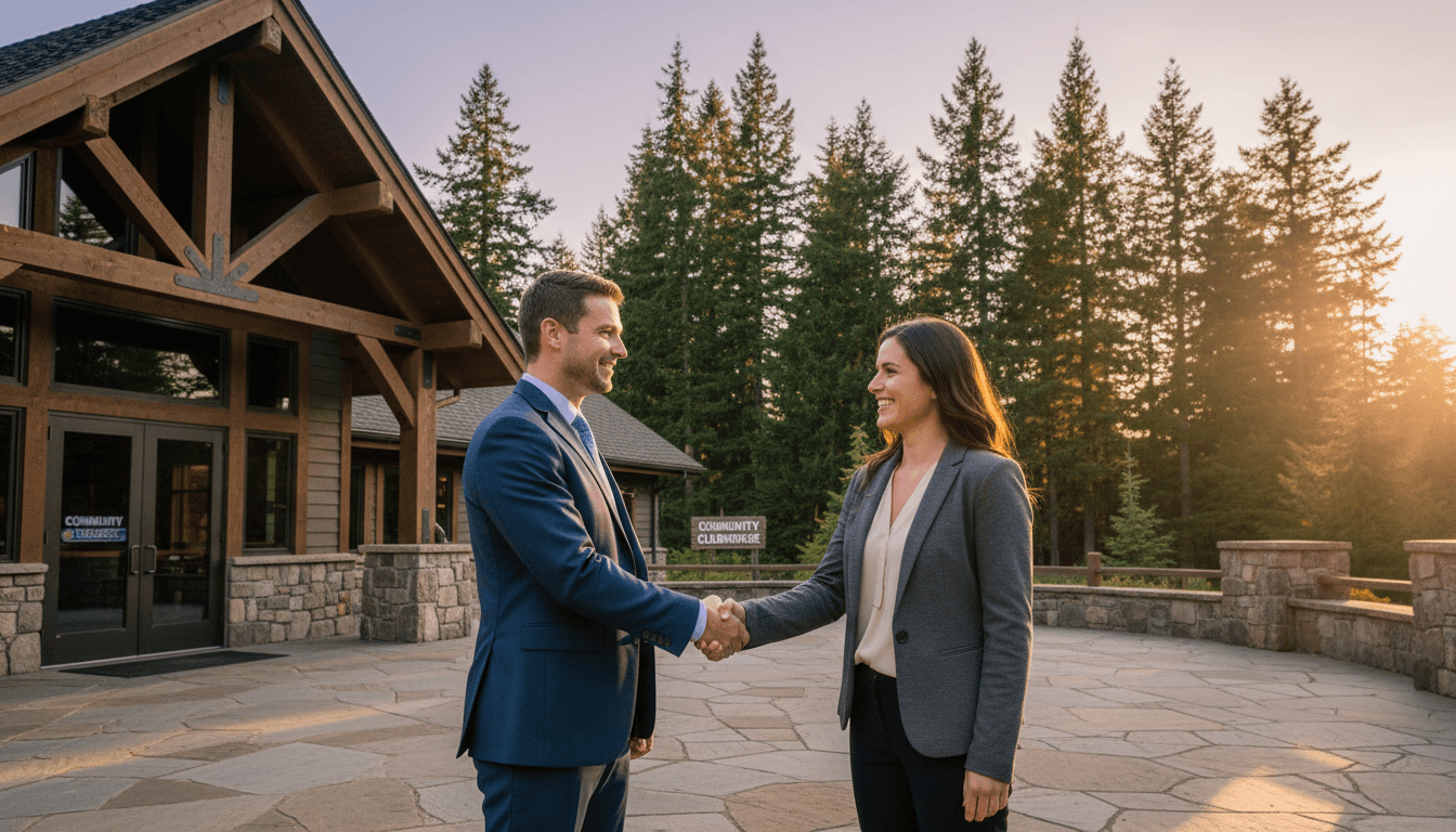 Professional handshake outside a community building