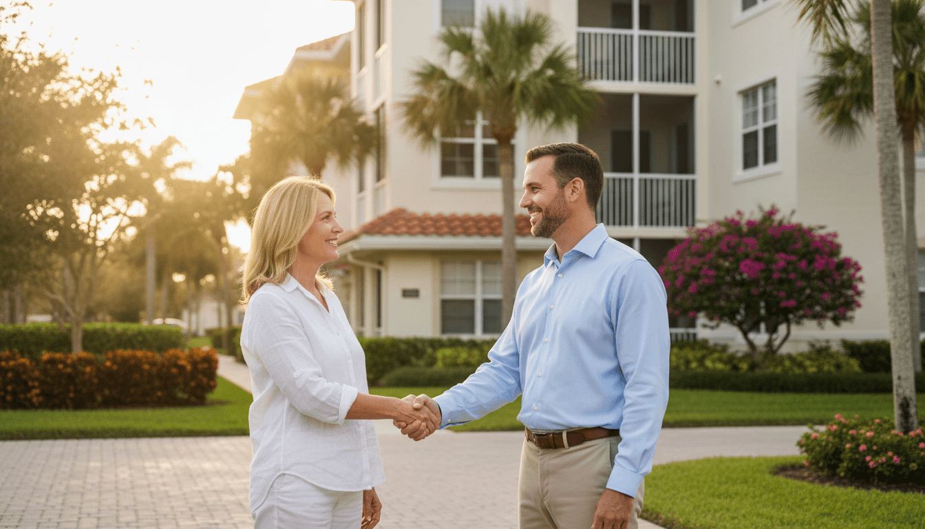 Property manager consulting with a homeowner outside a condominium in St. Petersburg
