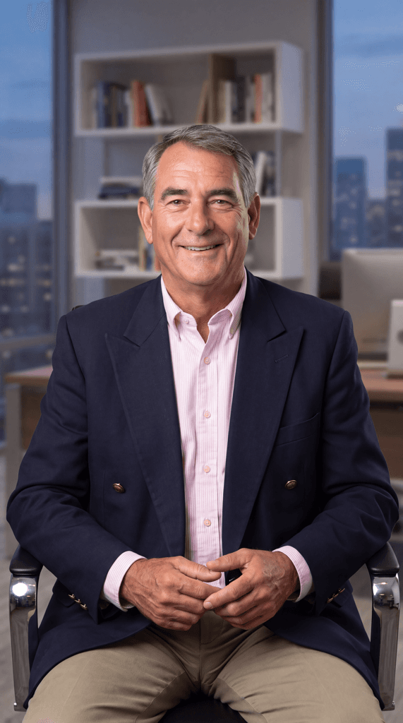Smiling middle-aged man in a navy blazer and pink shirt sitting in a modern office.
